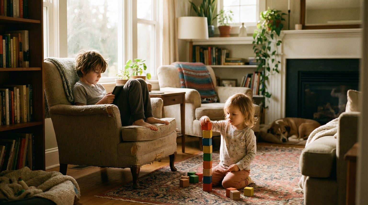 Two siblings playing side by side in cozy living room, older child with tablet while toddler stacks wooden blocks