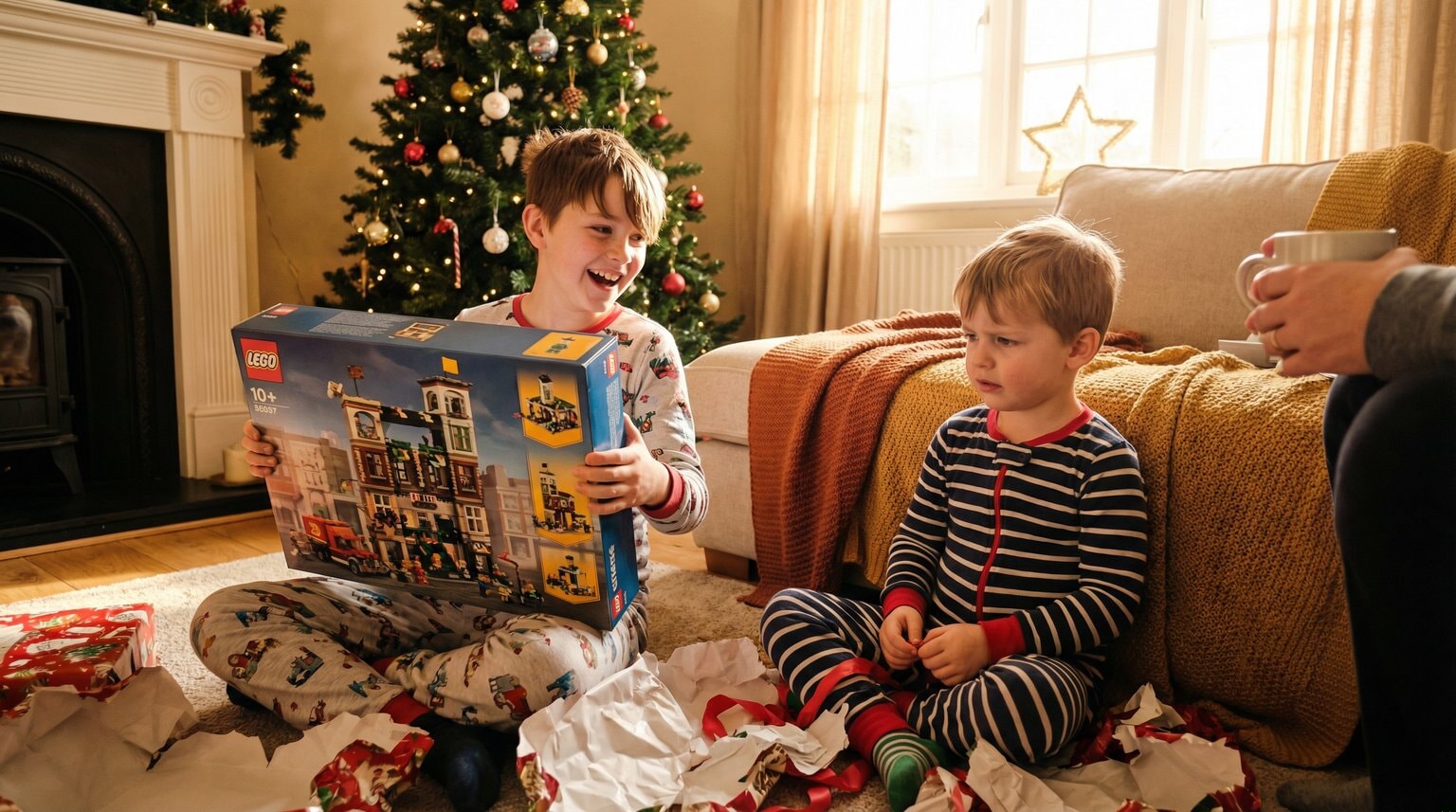 Older child excitedly showing off new gift while younger sibling watches with mixed emotions on Christmas morning