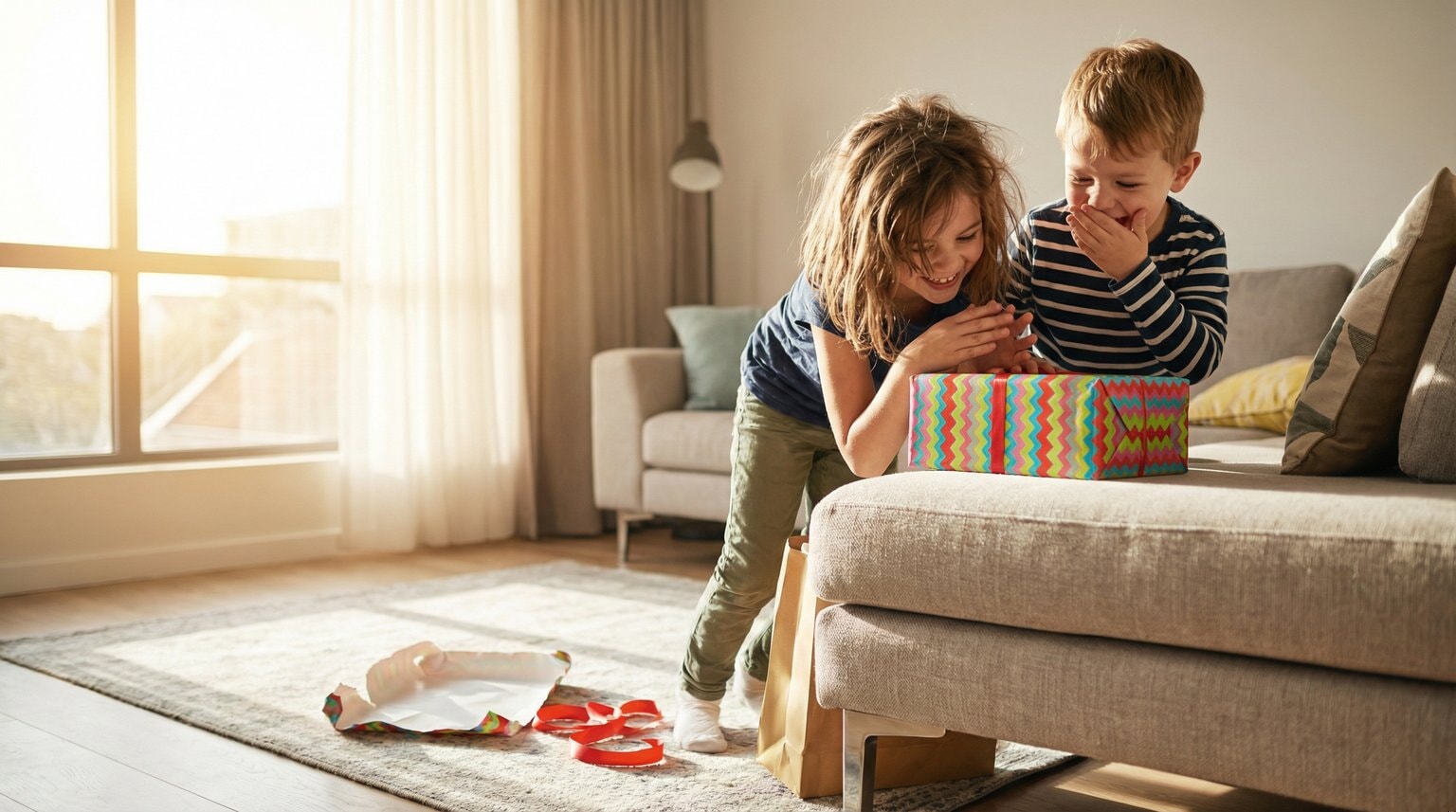 Two siblings ages 5 and 8 laughing together over wrapped birthday present in bright living room