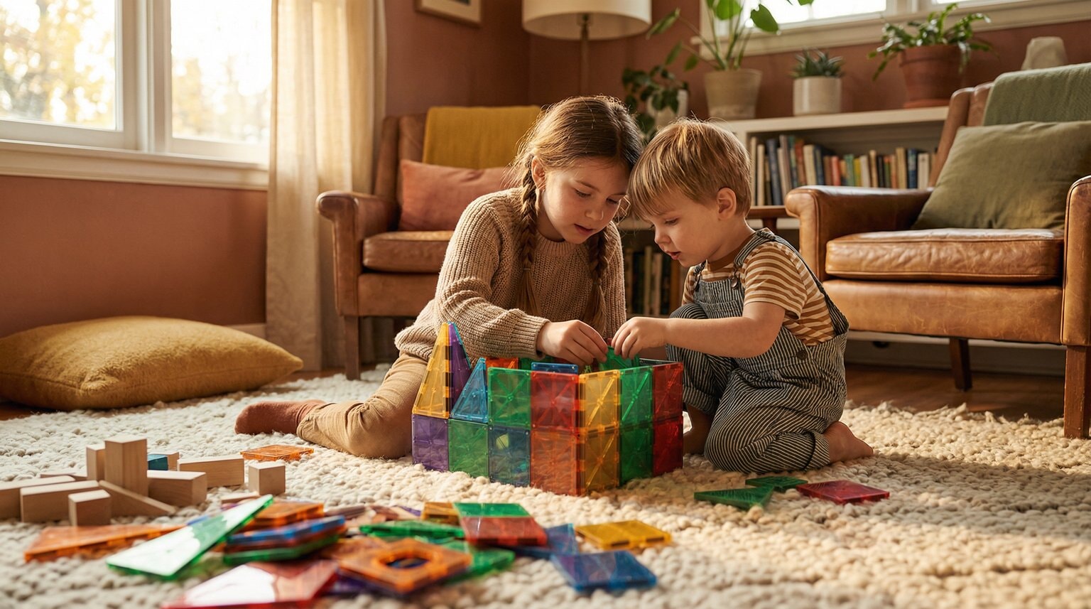 Two siblings of different ages building together with colorful magnetic tiles on soft rug in cozy living room