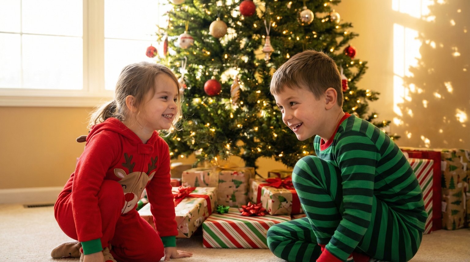 Two young siblings in pajamas peeking curiously at wrapped presents under Christmas tree with mischievous expressions