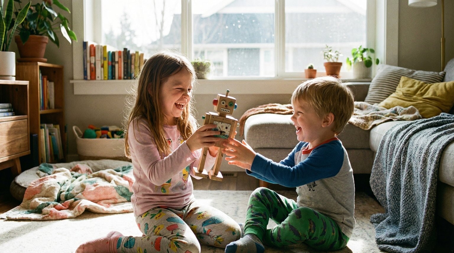 Two siblings laughing together while sharing a toy showing genuine joy and connection