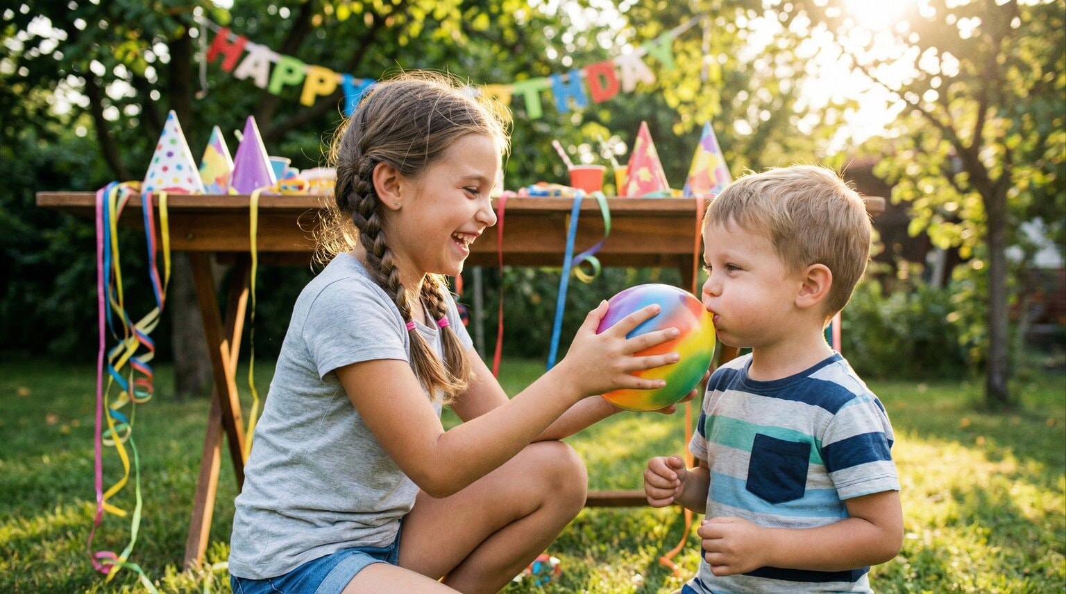 Two siblings laughing together while decorating for birthday party
