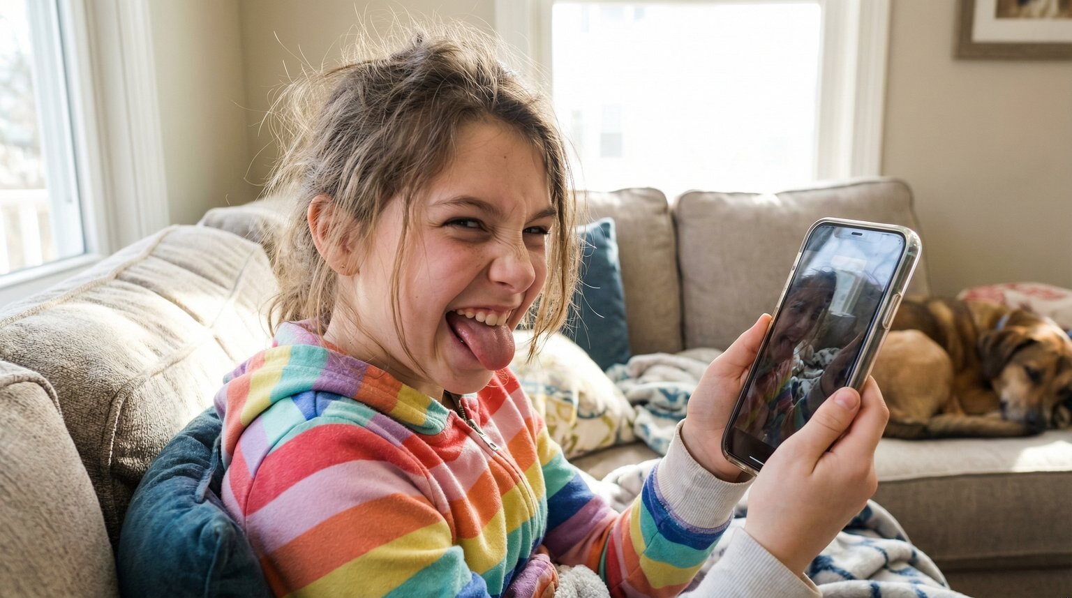 Tween making silly face at phone camera laughing at themselves with playful self-awareness