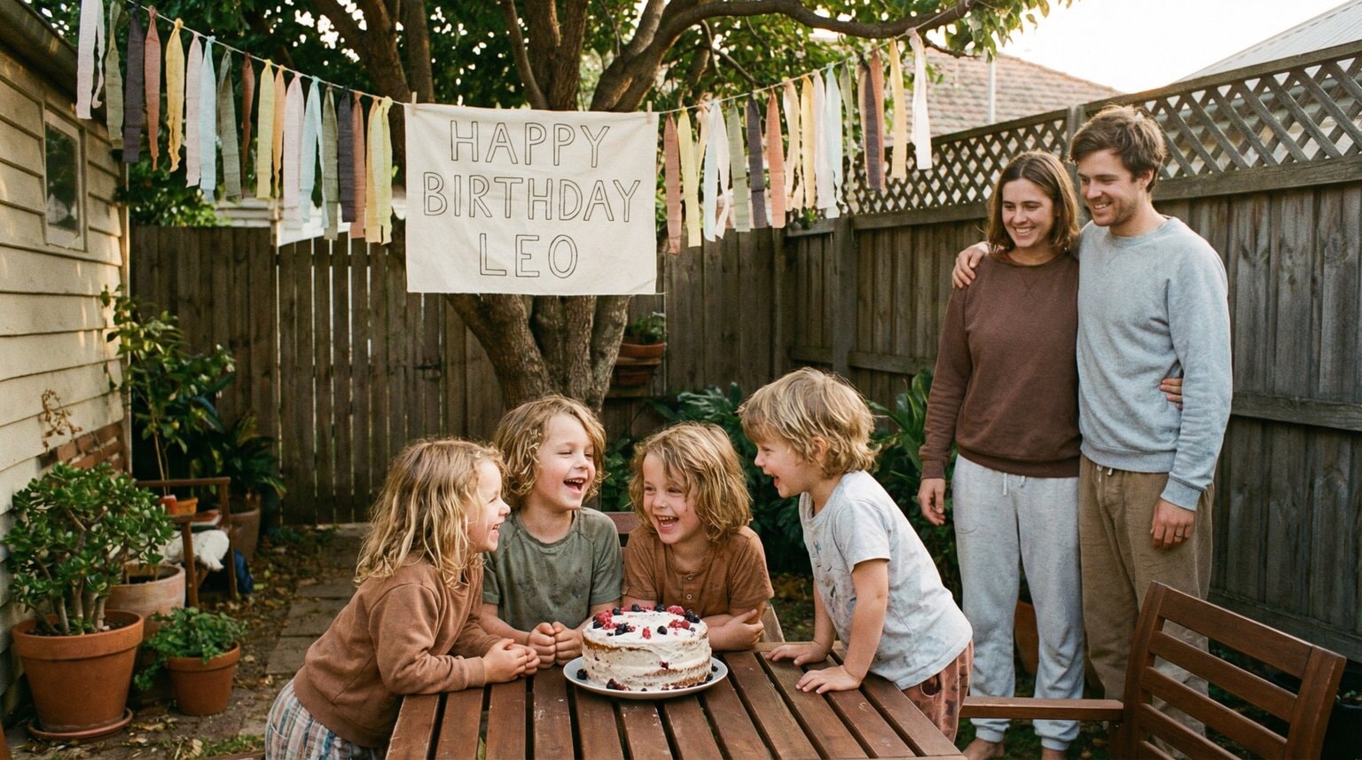 Intimate backyard birthday with simple homemade decorations and small group of children laughing around homemade cake in golden hour light