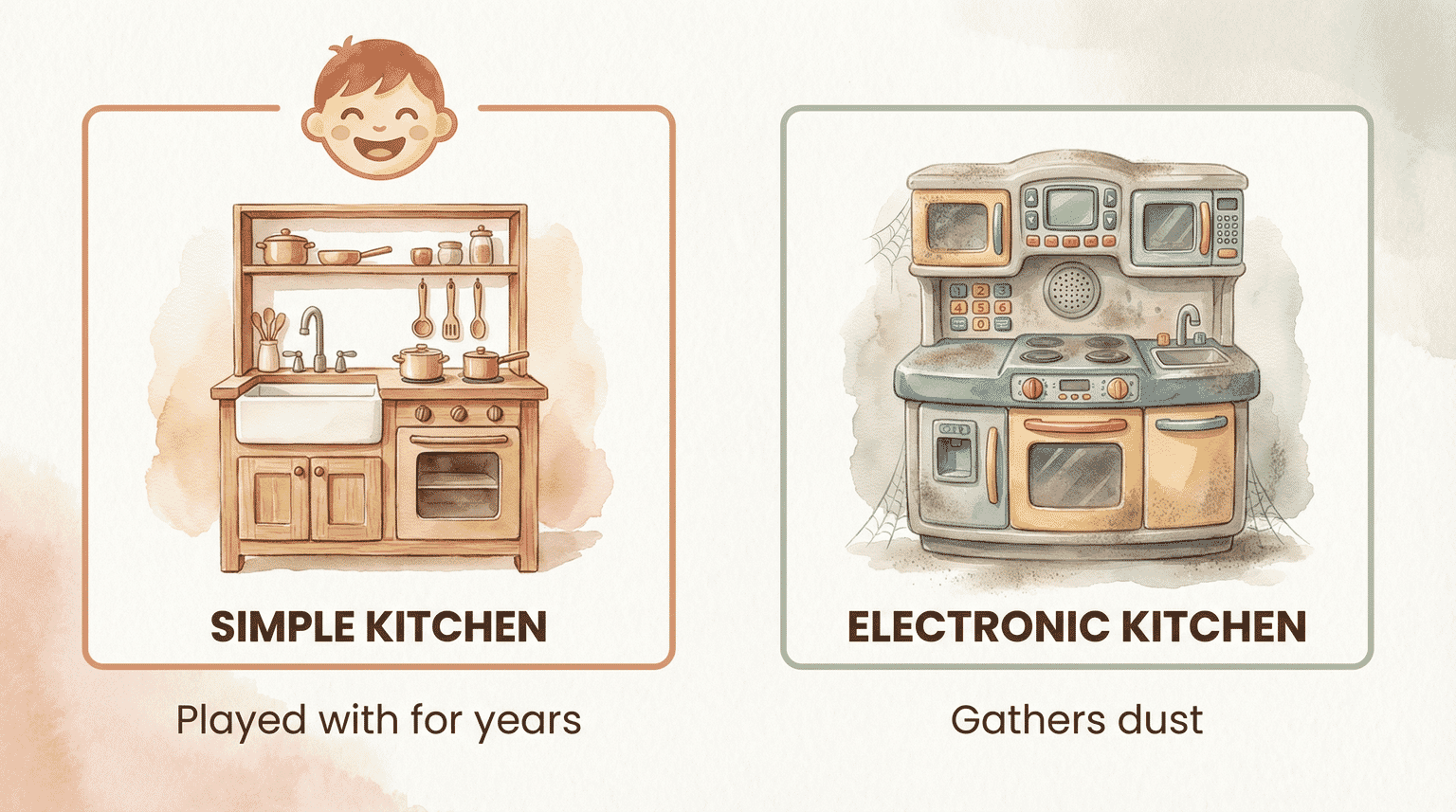 Comparison showing simple wooden play kitchen played with for years versus electronic kitchen gathering dust
