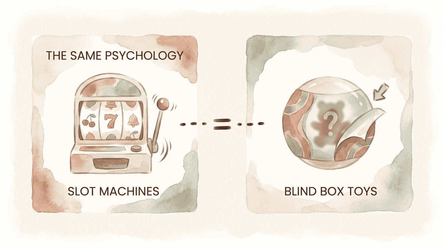 Illustration comparing slot machine psychology to blind box toy mechanics side by side