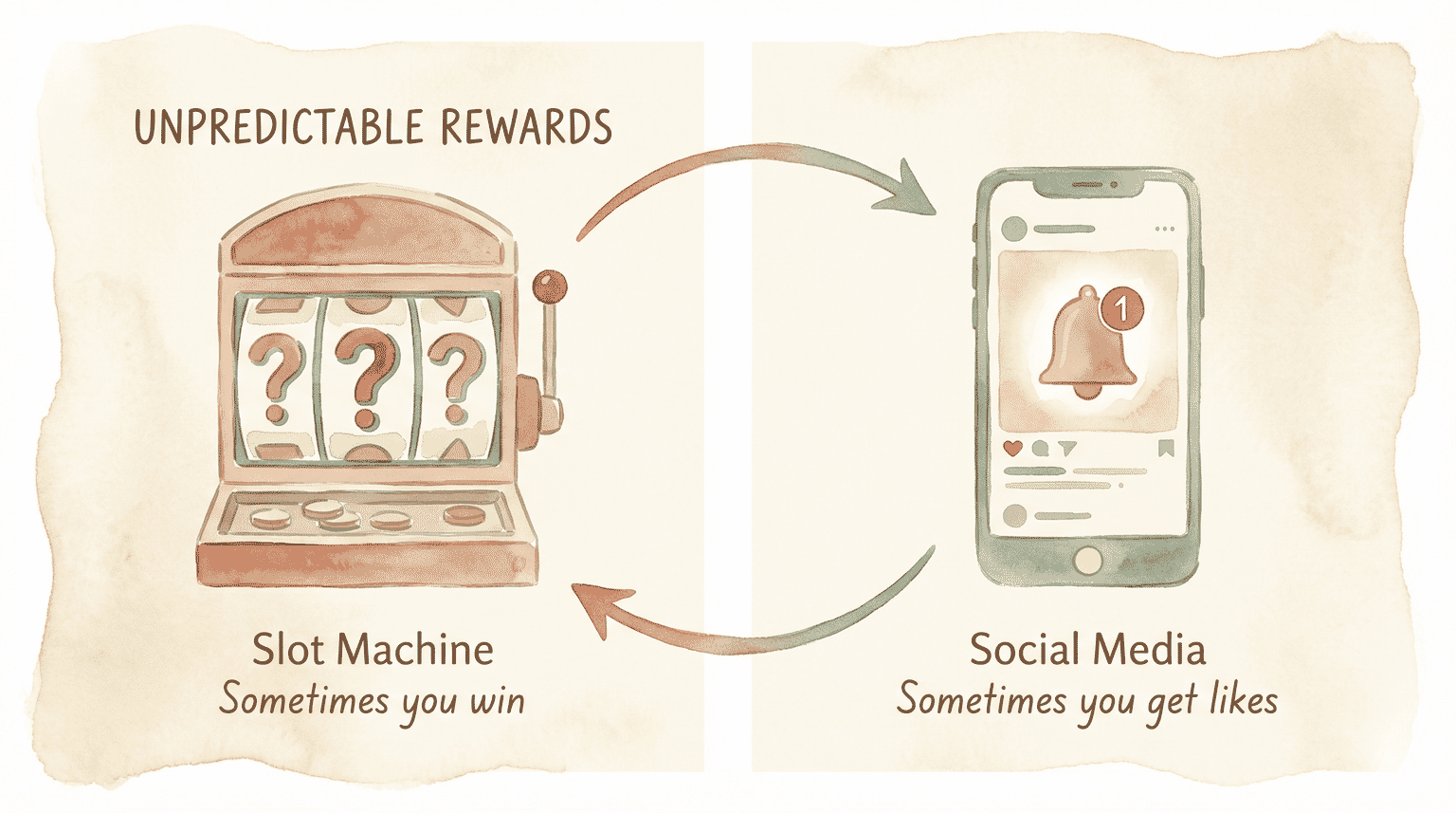 Illustration comparing slot machine and smartphone showing identical unpredictable reward patterns