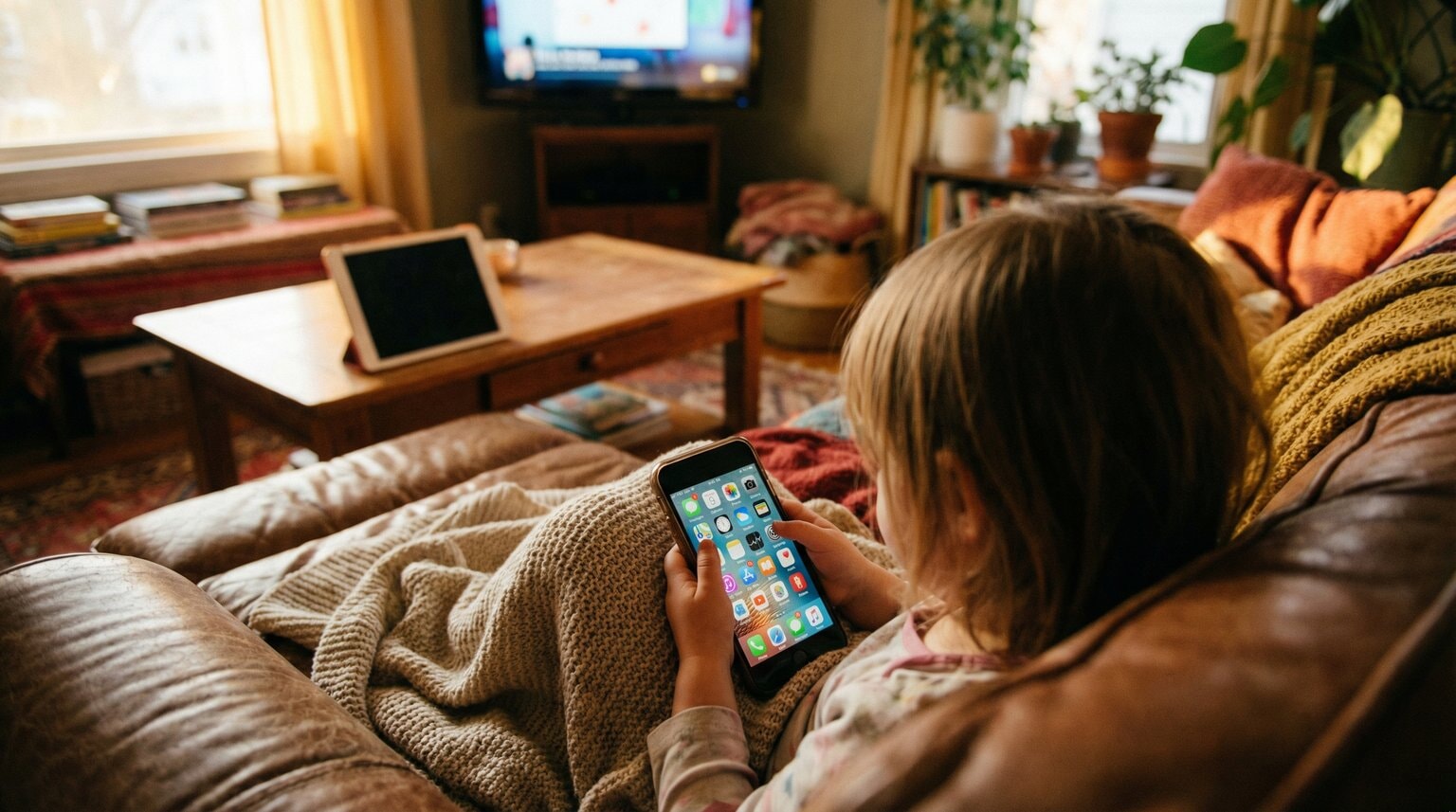 Over-the-shoulder view of child holding smartphone with colorful apps and multiple devices visible in background