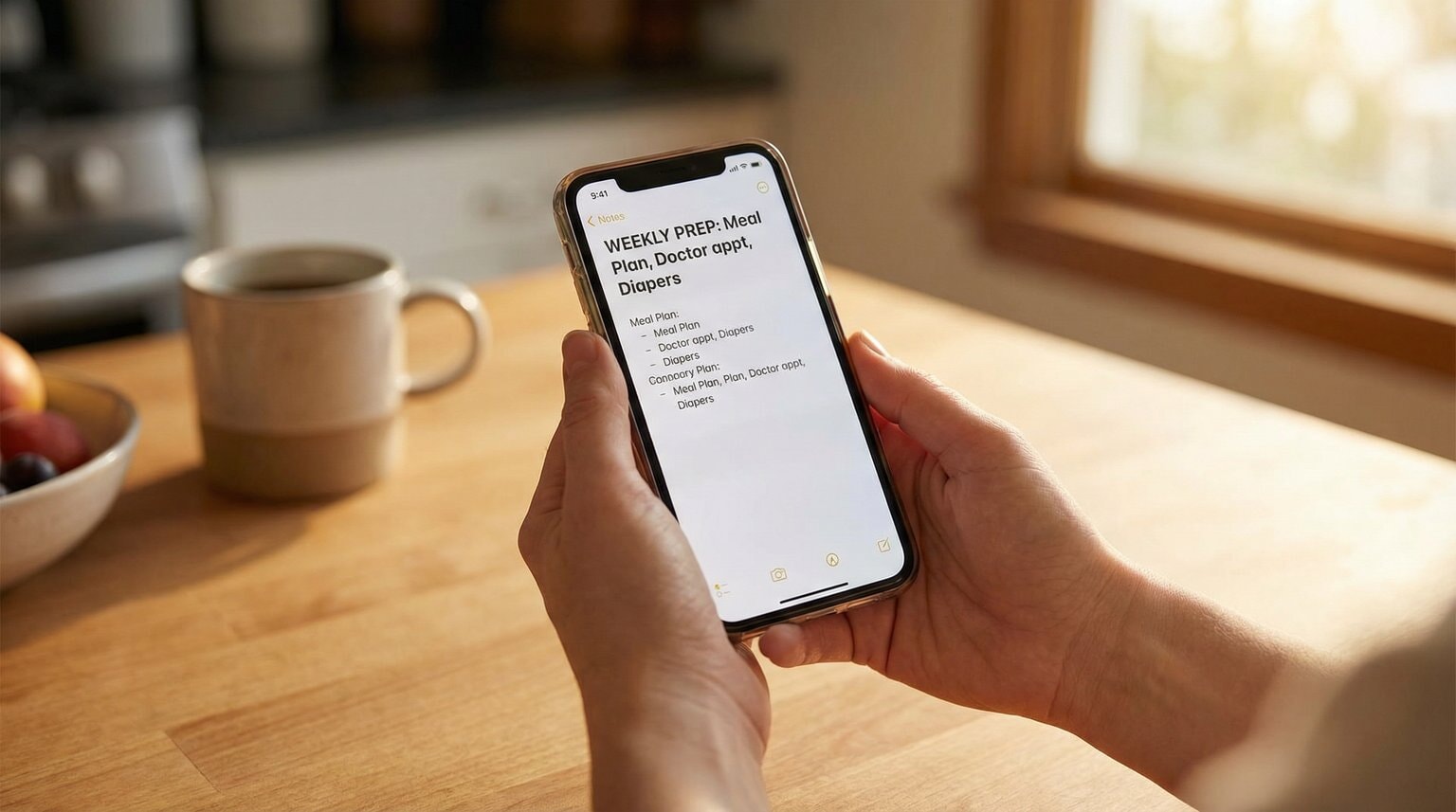 Parent hands holding smartphone showing notes app with organized gift list on kitchen table