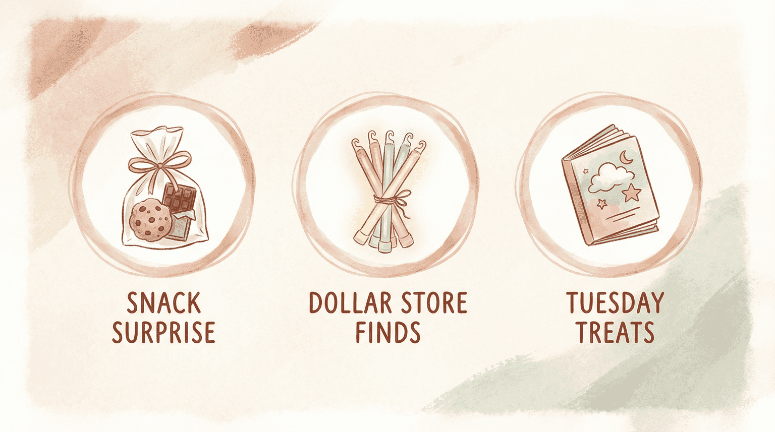 Simple surprise gift ideas including wrapped snacks, glow sticks, and small books