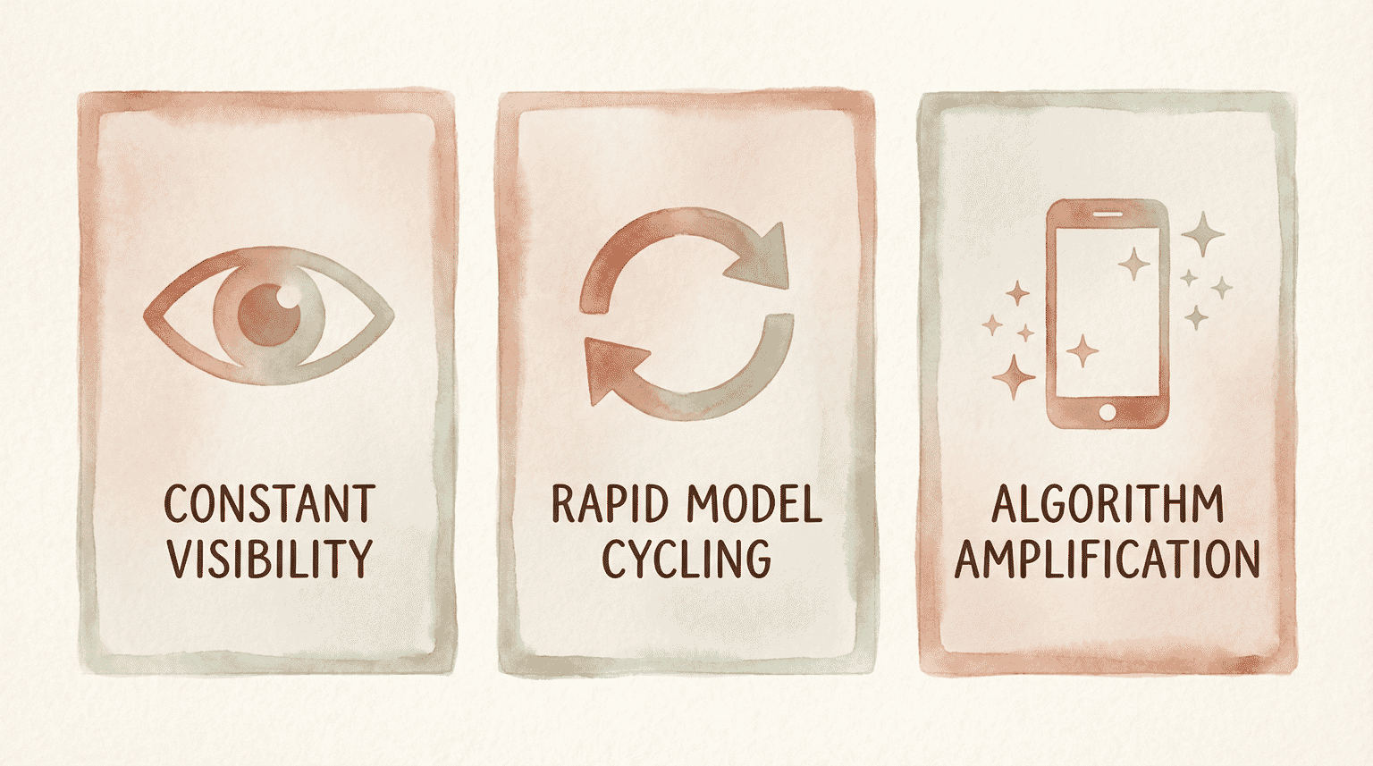 Three-panel infographic showing constant visibility, rapid model cycling, and algorithm amplification effects