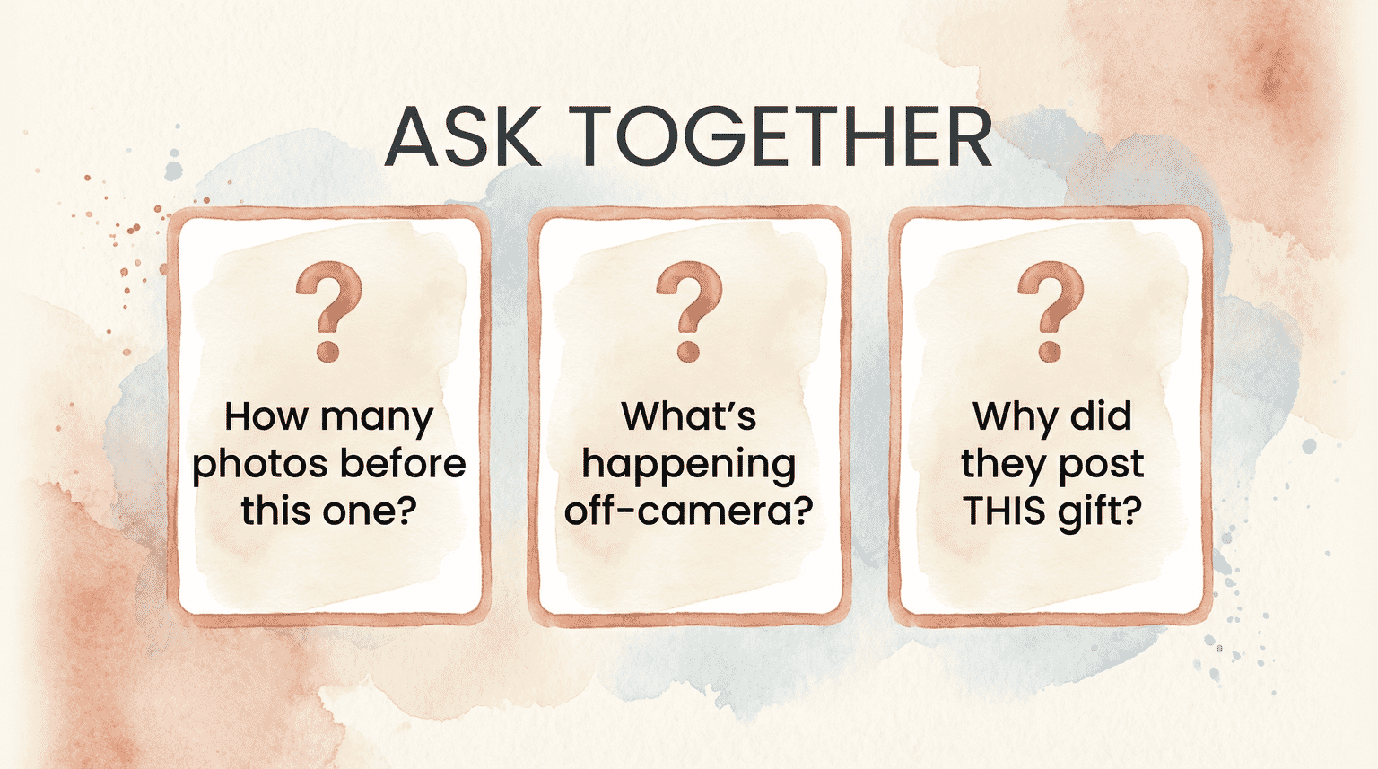 Infographic showing three questions to ask kids about social media posts together
