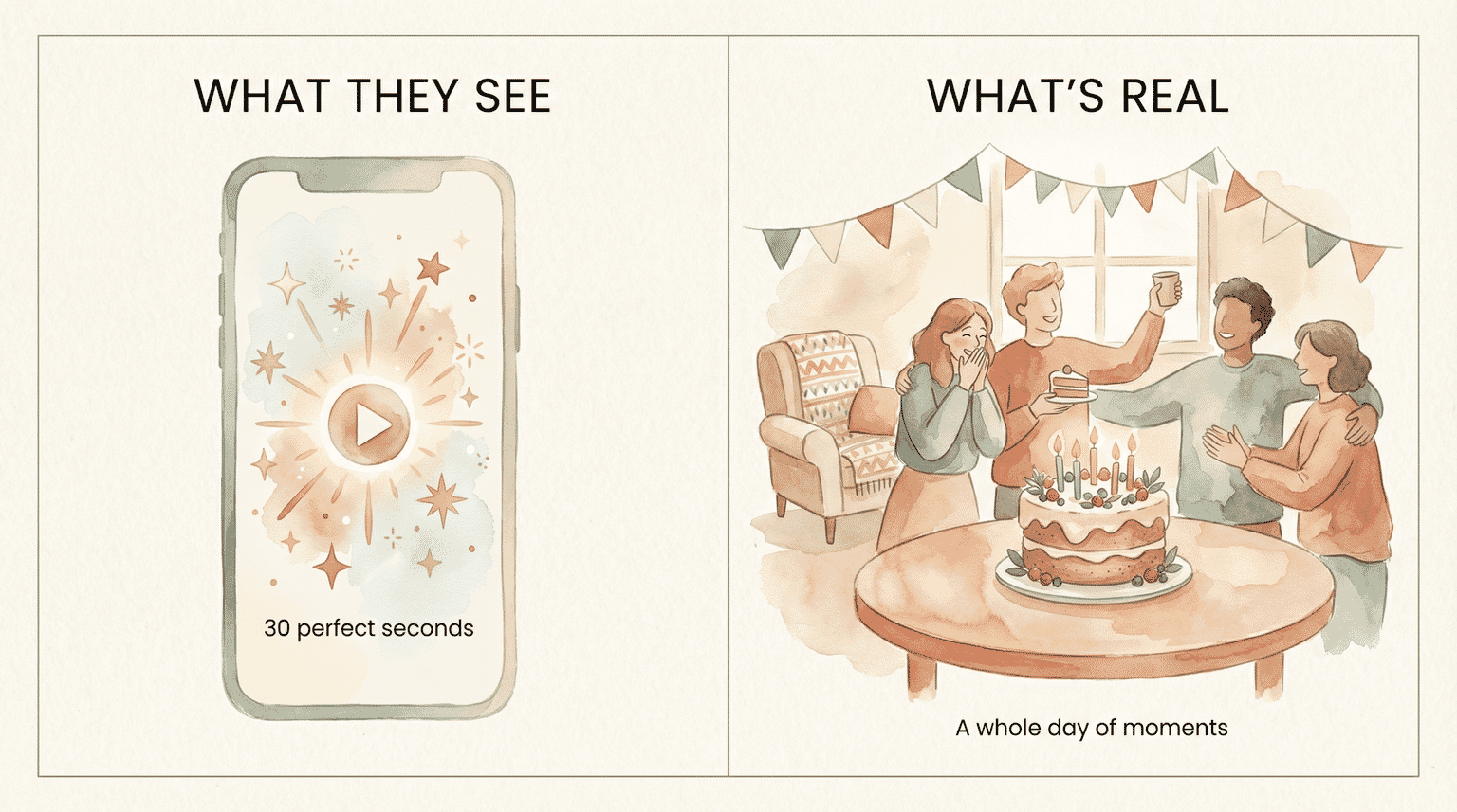 Illustrated comparison showing curated perfect party image on phone screen versus messy behind-the-scenes reality