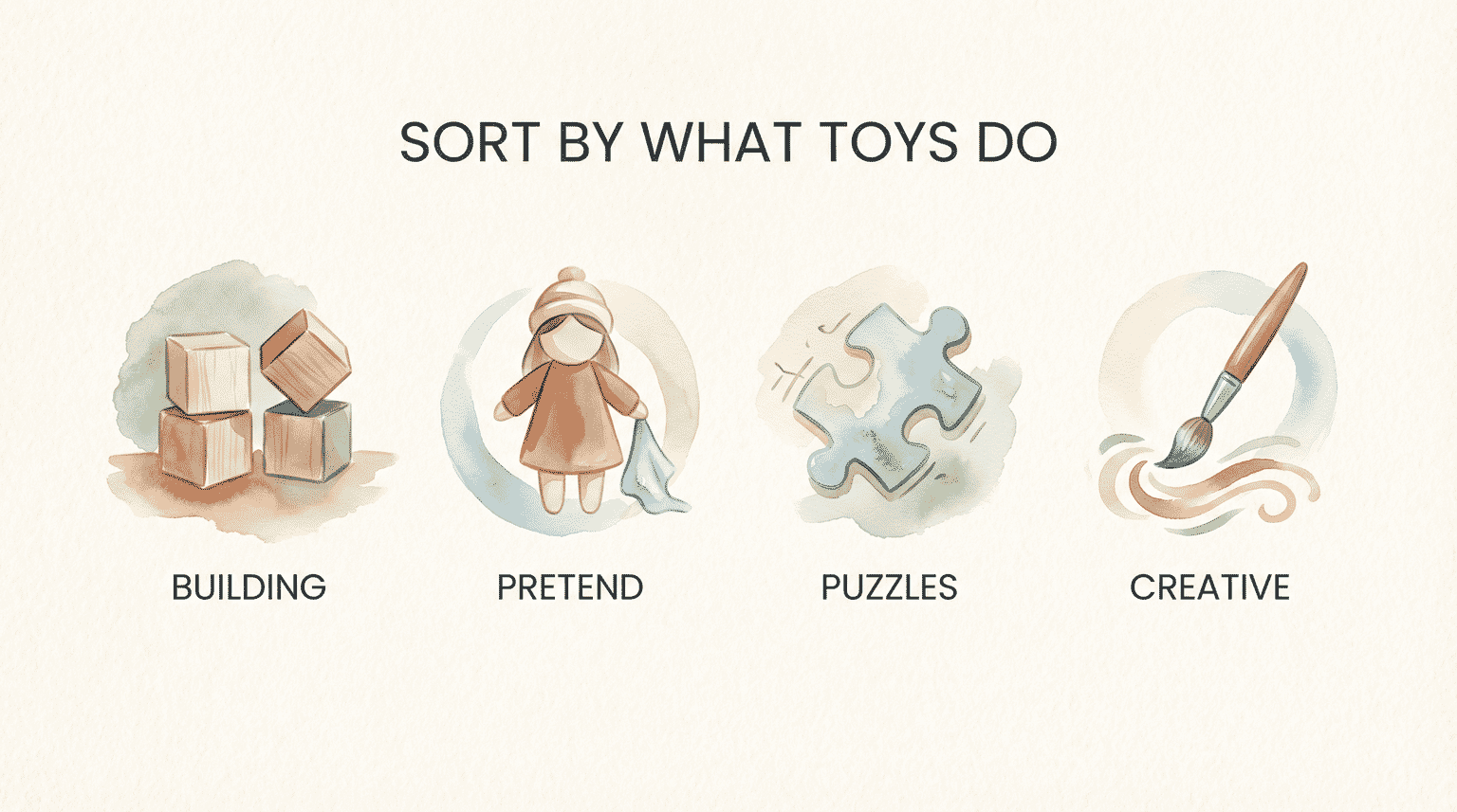 Four toy category icons showing building blocks, pretend play doll, puzzle piece, and paintbrush