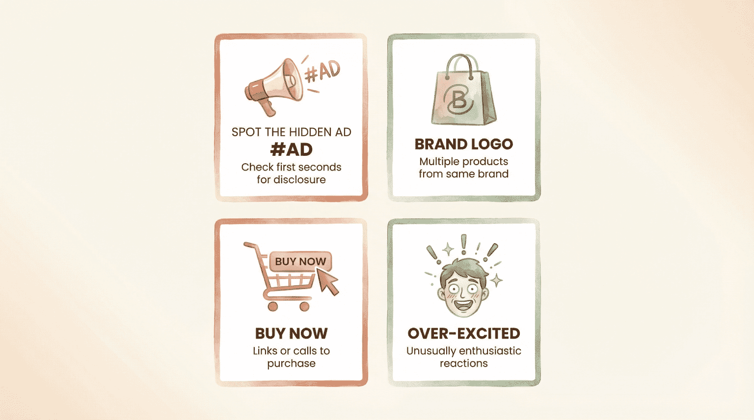 Four-part guide showing how to spot hidden ads including checking for disclosure, brand logos, buy links, and over-excited reactions