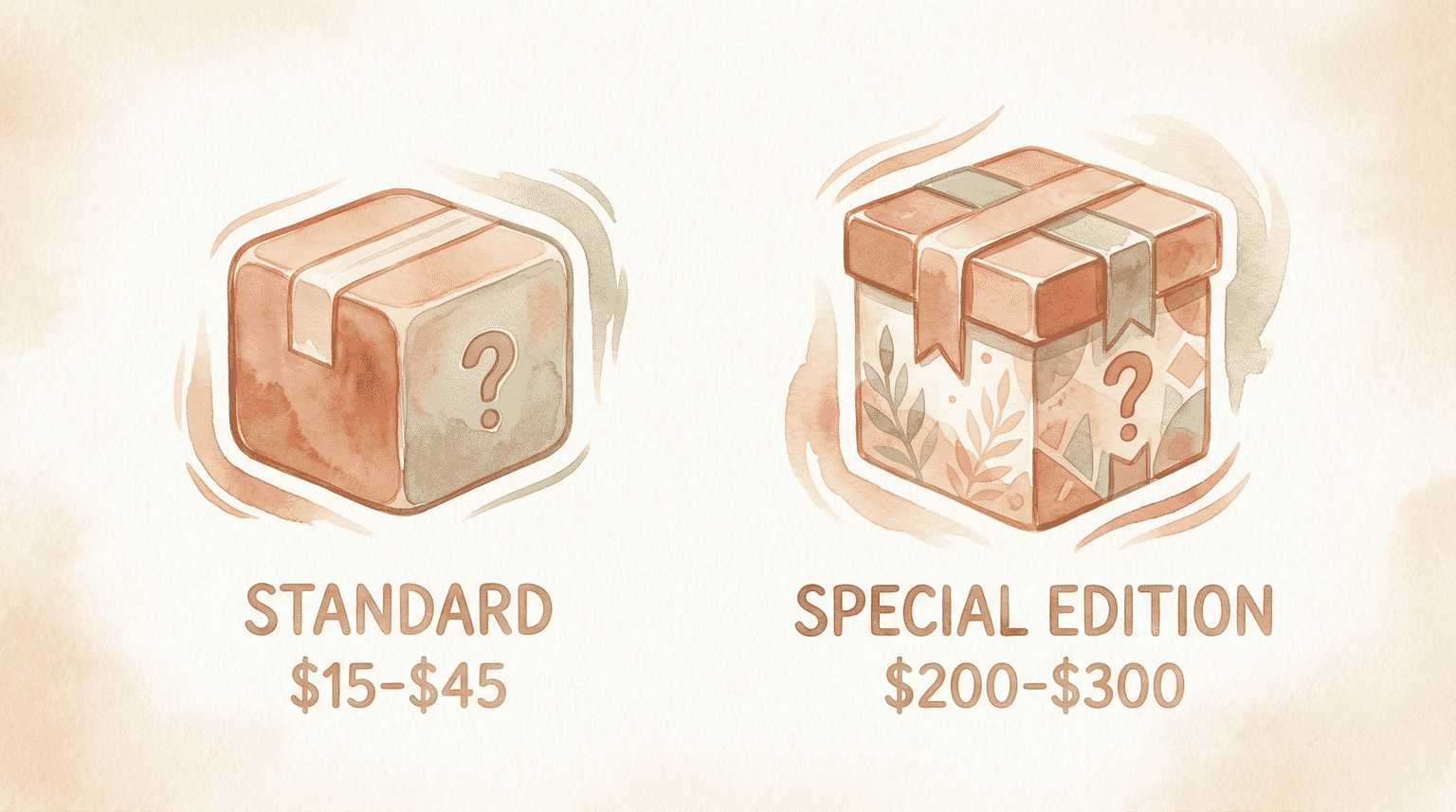 Price comparison showing standard blind boxes at $15-$45 versus special editions at $200-$300