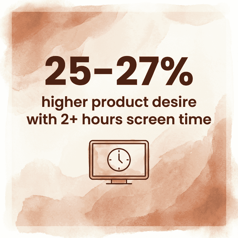 Statistic showing 25 to 27 percent higher product desire with over 2 hours daily screen time