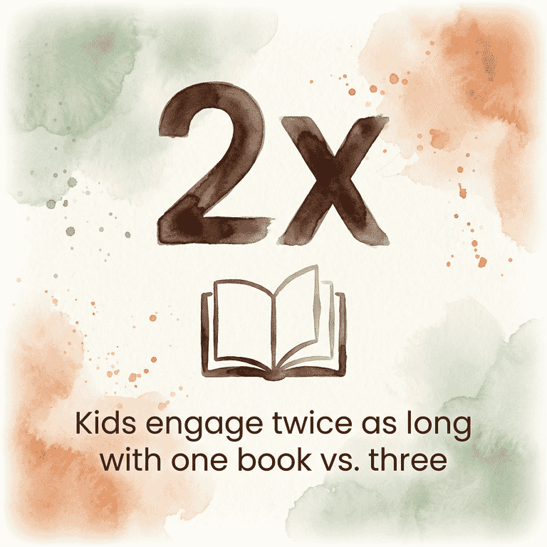 Statistic showing kids engage twice as long with one book versus three books