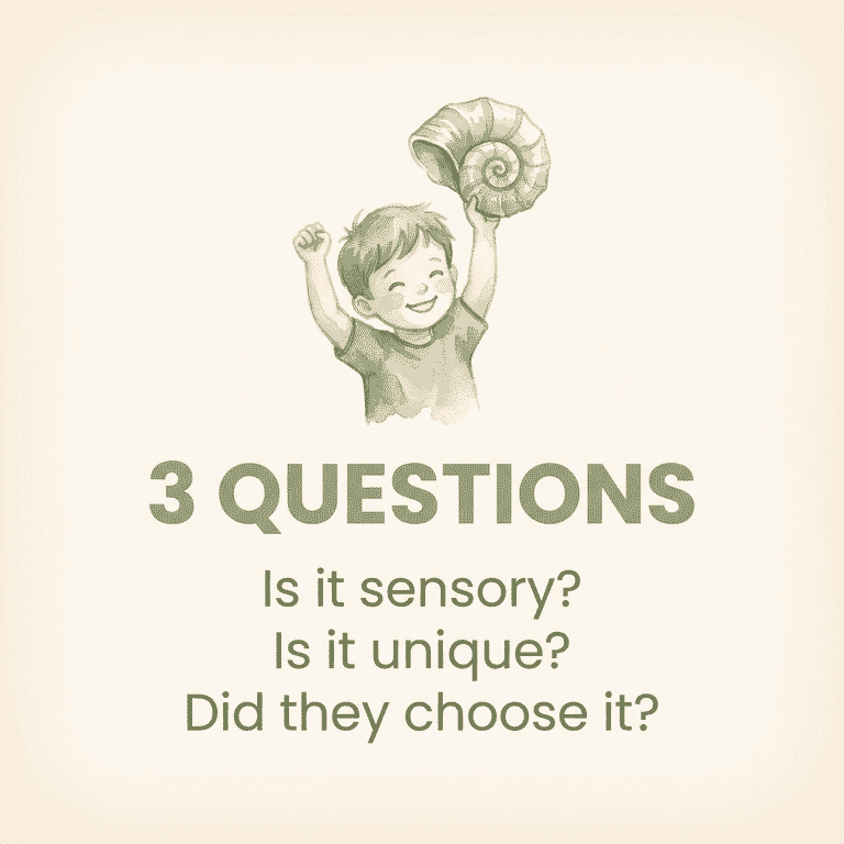 Three questions for choosing souvenirs asking if item is sensory unique and child-chosen