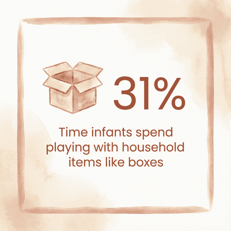 Stat showing 31% of infant playtime spent with household items like boxes