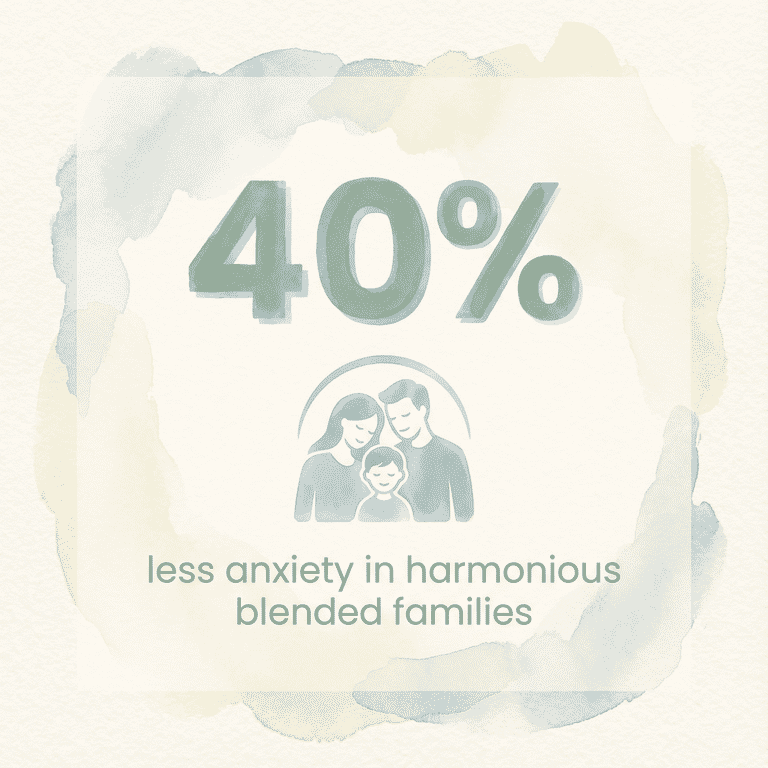 Statistic showing 40 percent less anxiety in children from harmonious blended families