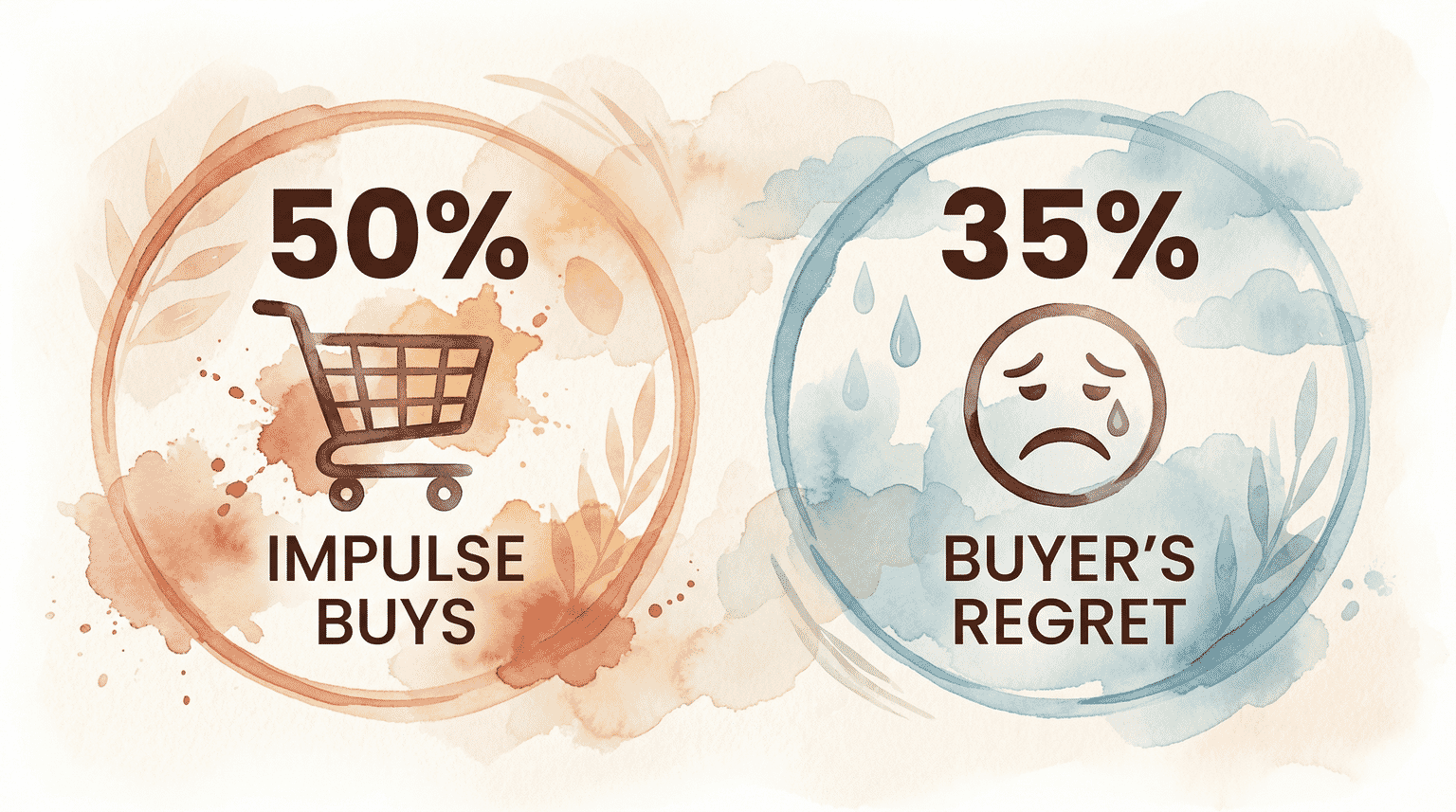 Infographic showing 50 percent impulse buys and 35 percent buyer regret statistics