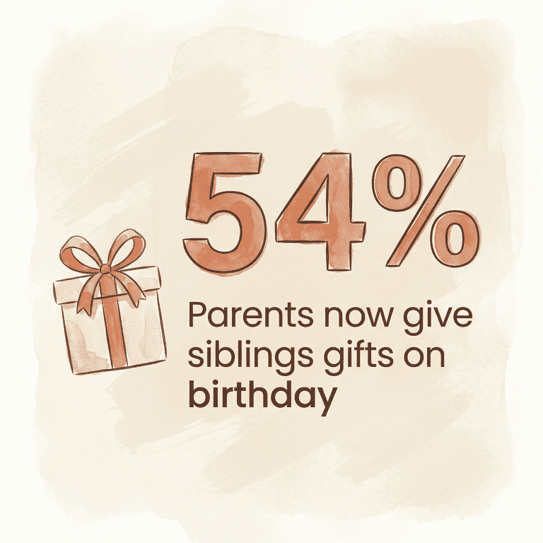 Statistic showing 54 percent of parents now give siblings gifts on birthday