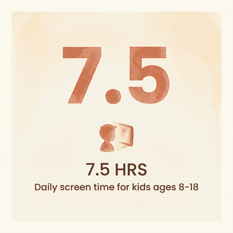 Stat showing 7.5 hours daily screen time for children ages 8 to 18