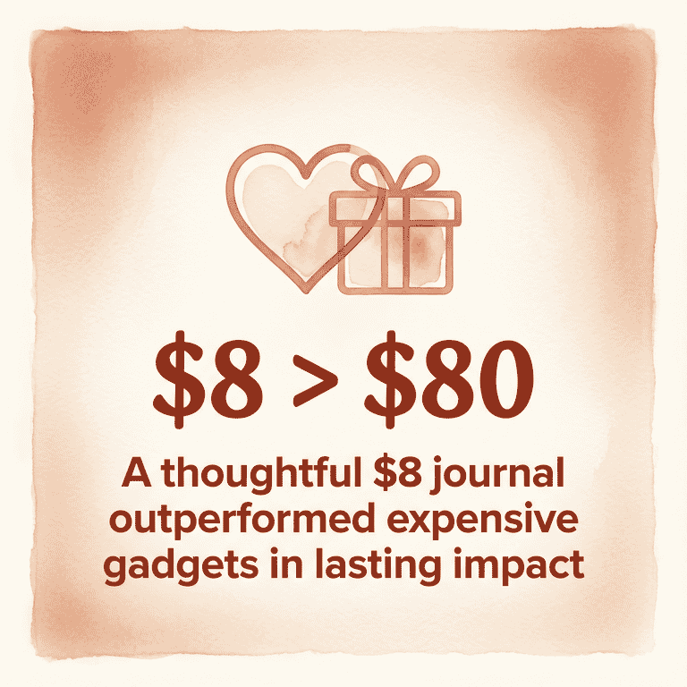 Statistic showing thoughtful 8 dollar gift outperformed 80 dollar gadget in lasting impact