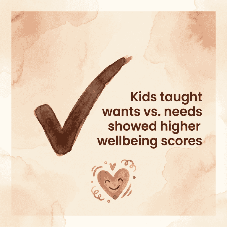 Checkmark icon showing kids taught wants versus needs showed higher wellbeing scores
