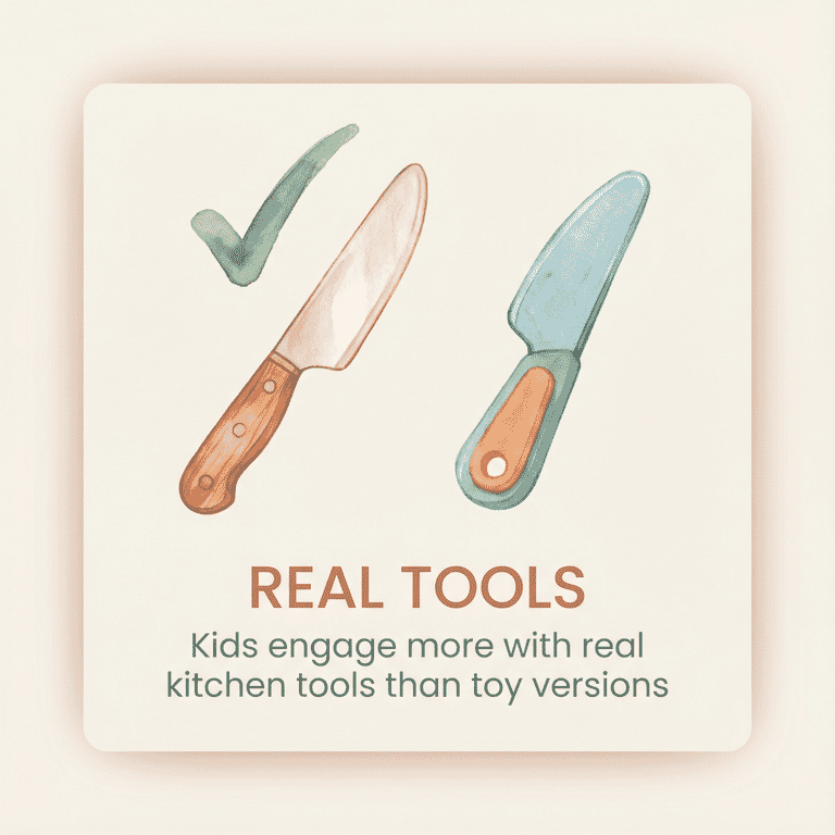 Illustration comparing real kid-safe knife versus plastic toy knife with checkmark over real one