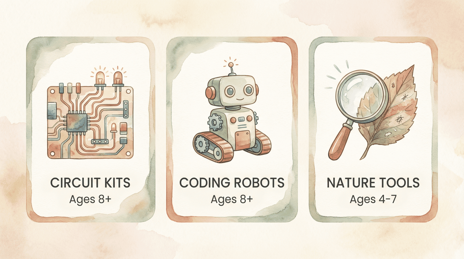 Infographic showing STEM toy categories with age ranges for circuit kits, coding robots, and nature tools