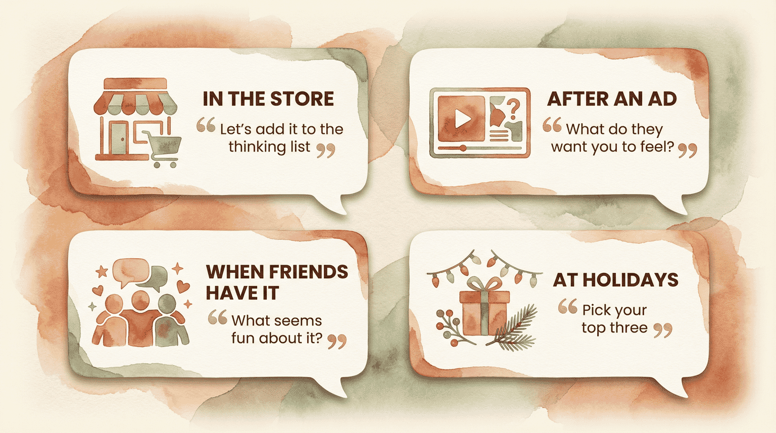 Four speech bubble cards showing what to say in the store, after an ad, when friends have something, and at holidays