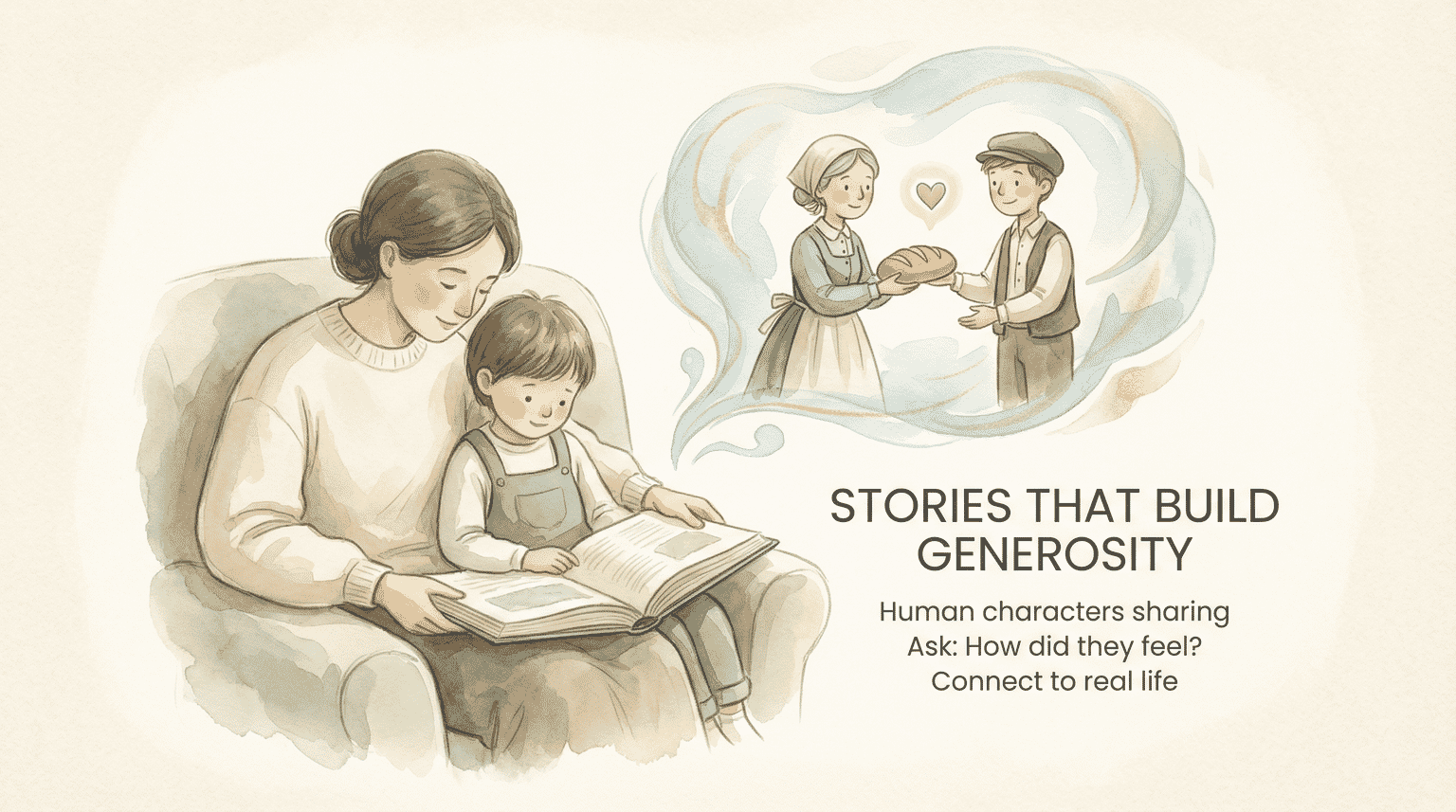 Illustration of parent and child reading together with thought bubble showing characters sharing