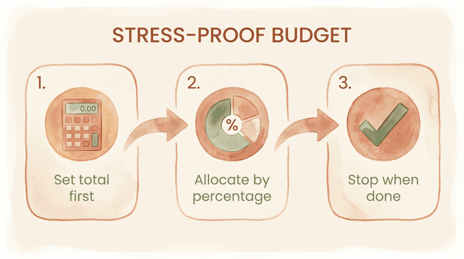 Three step process for stress-proof budgeting set total first allocate by percentage stop when done