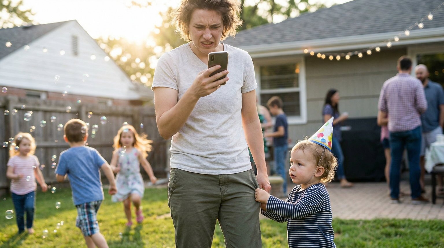 Parent at birthday party stressed while taking phone photo as child tugs at their leg