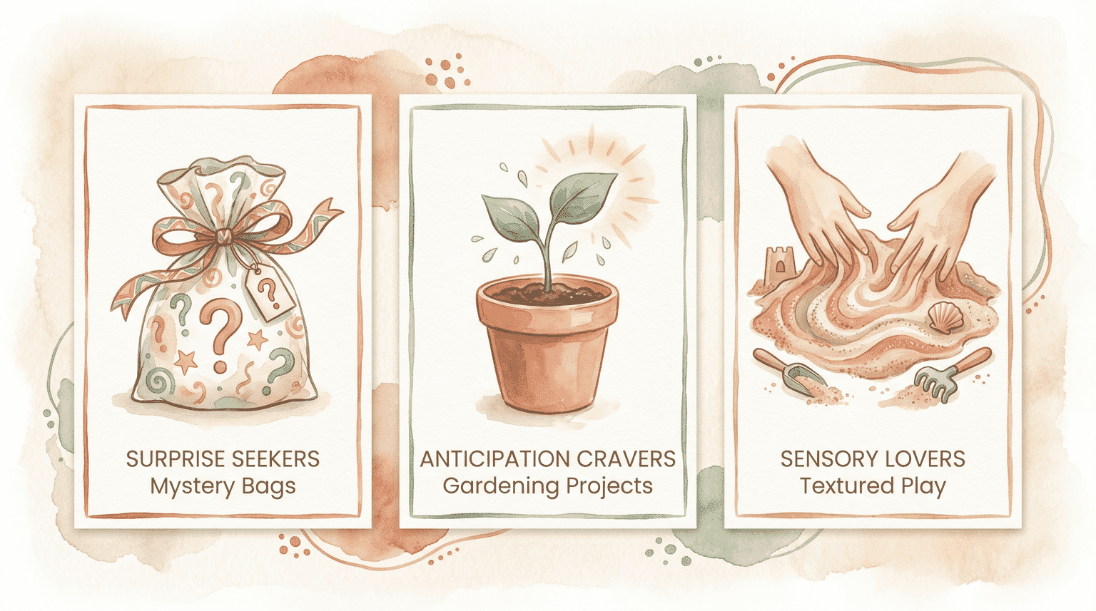 Three-panel infographic showing mystery bags, gardening projects, and textured play alternatives