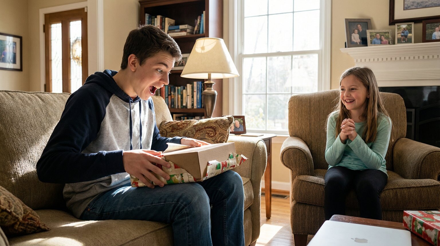 Teenage boy opening gift with genuine surprise while younger sister watches proudly