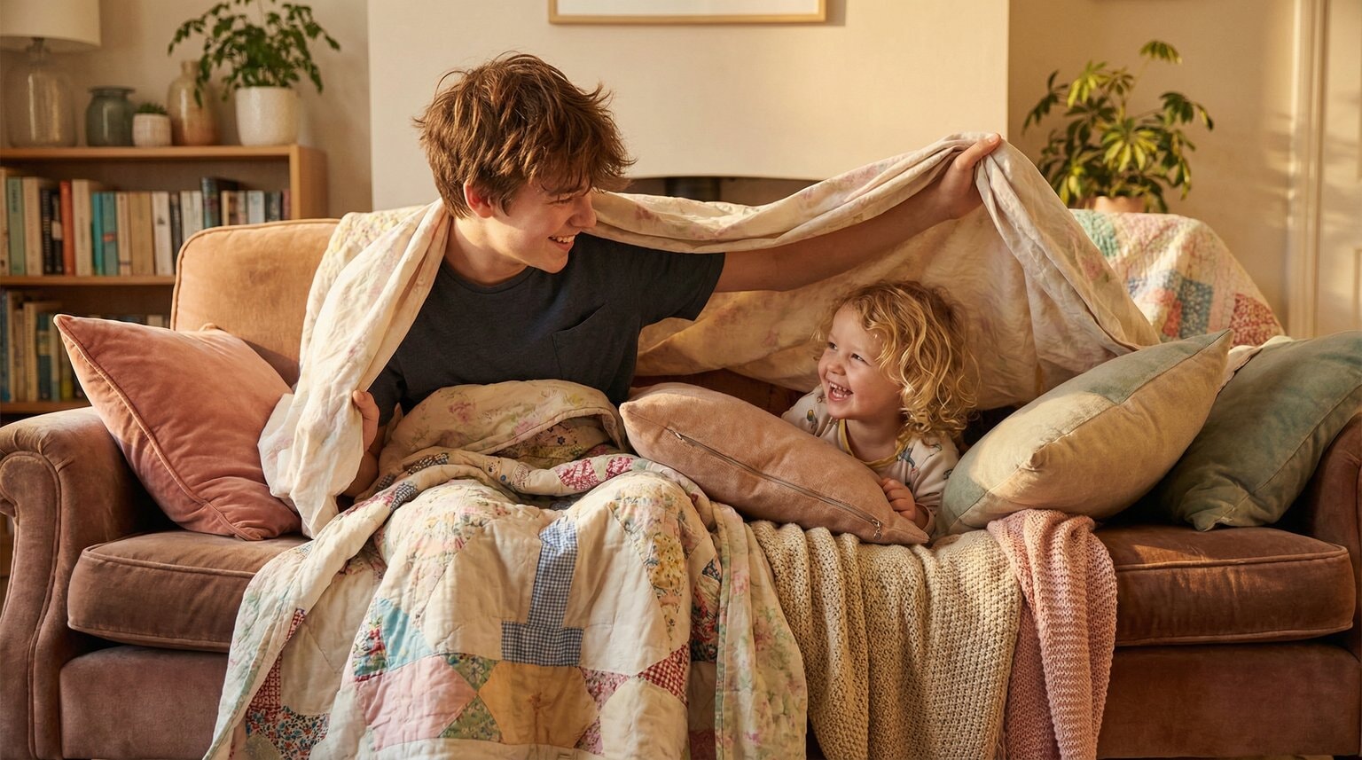 Teenager and young child laughing while building pillow and blanket fort together