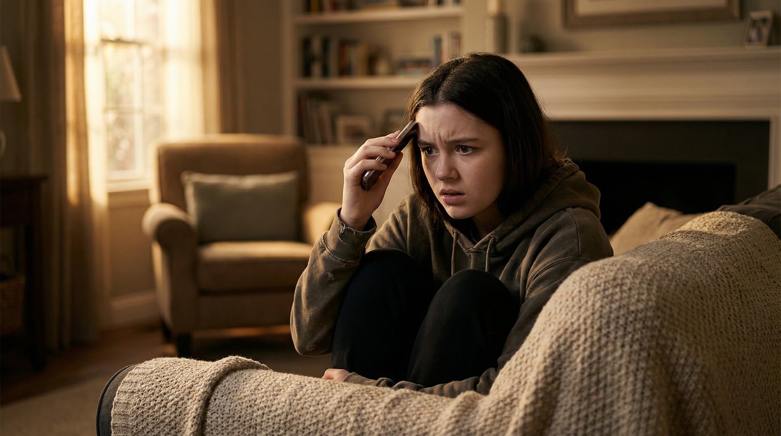 Teenage girl on couch holding smartphone with anxious expectant expression waiting for notifications