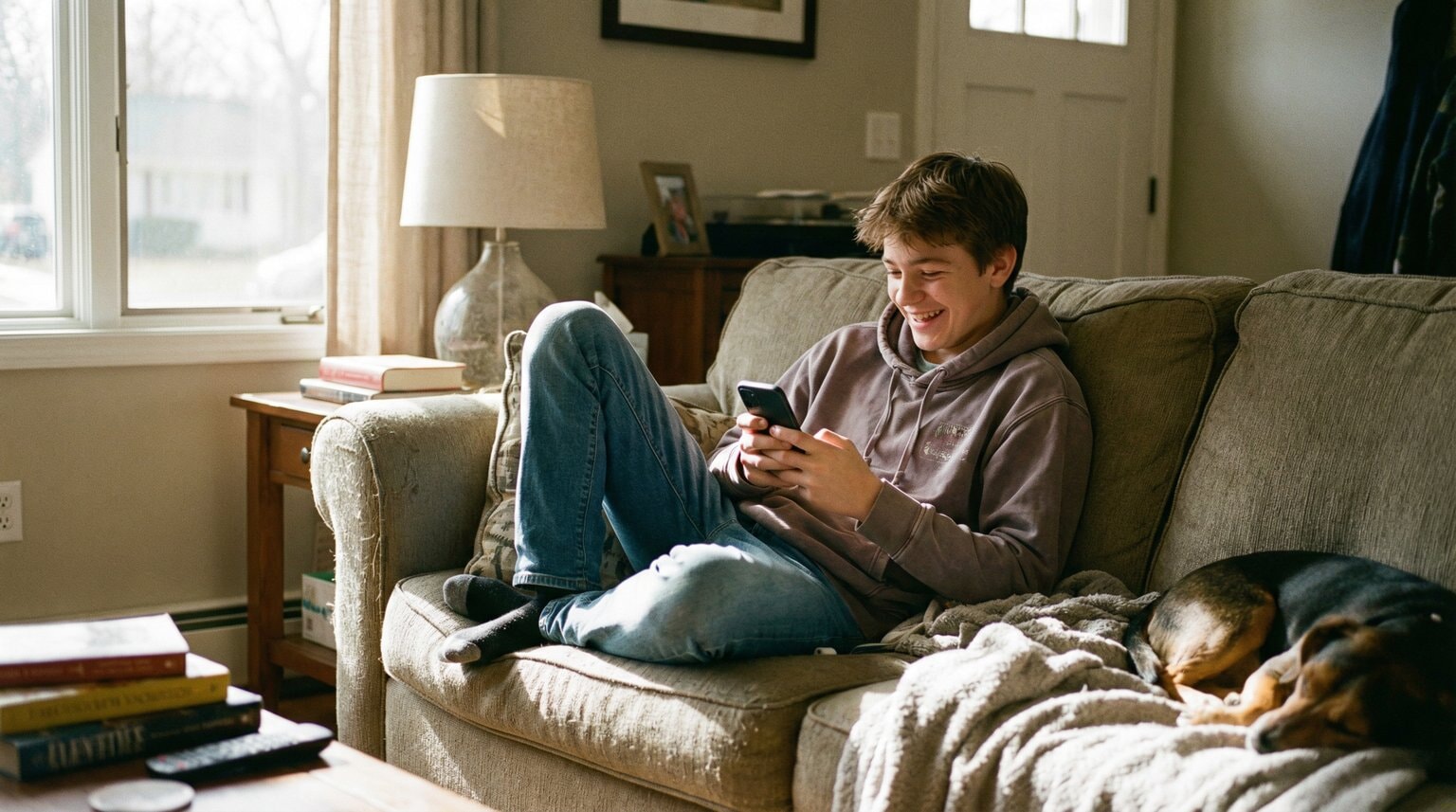 Teenager around 15 smiling while typing message on smartphone in casual home setting