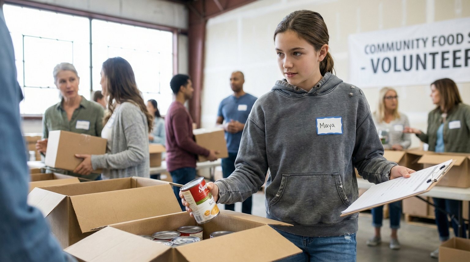 Young teenager around 13 sorting donations at community event looking engaged and purposeful