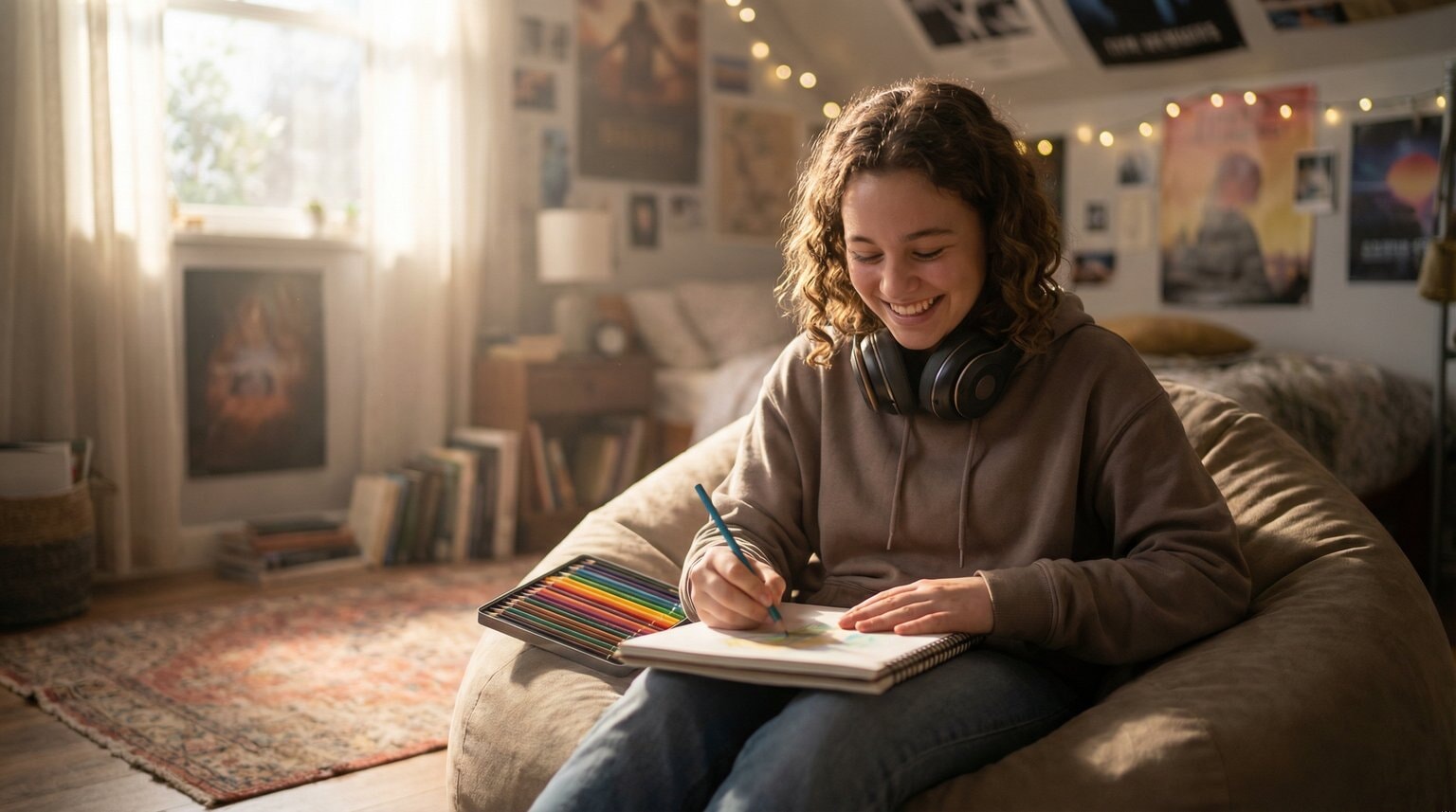 Teenager genuinely enjoying using a gift like headphones while studying in personalized bedroom