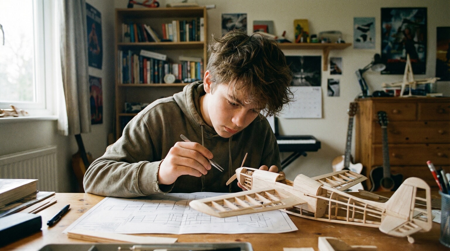 Teenager deeply focused on hobby project showing abstract thinking and genuine interest