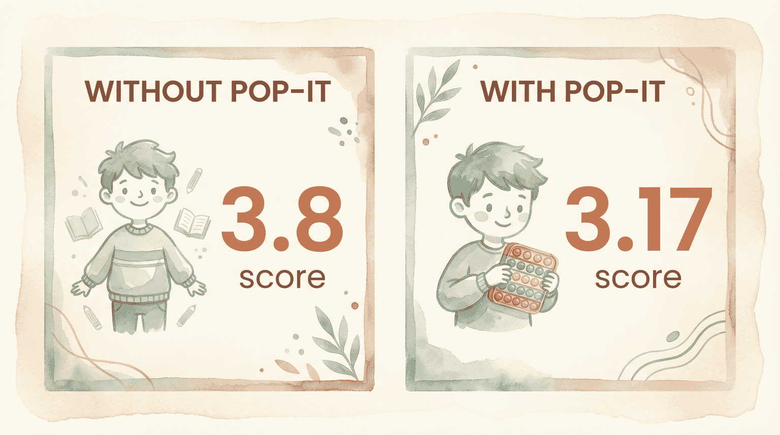 Comparison chart showing test score of 3.8 without pop-it versus 3.17 with pop-it