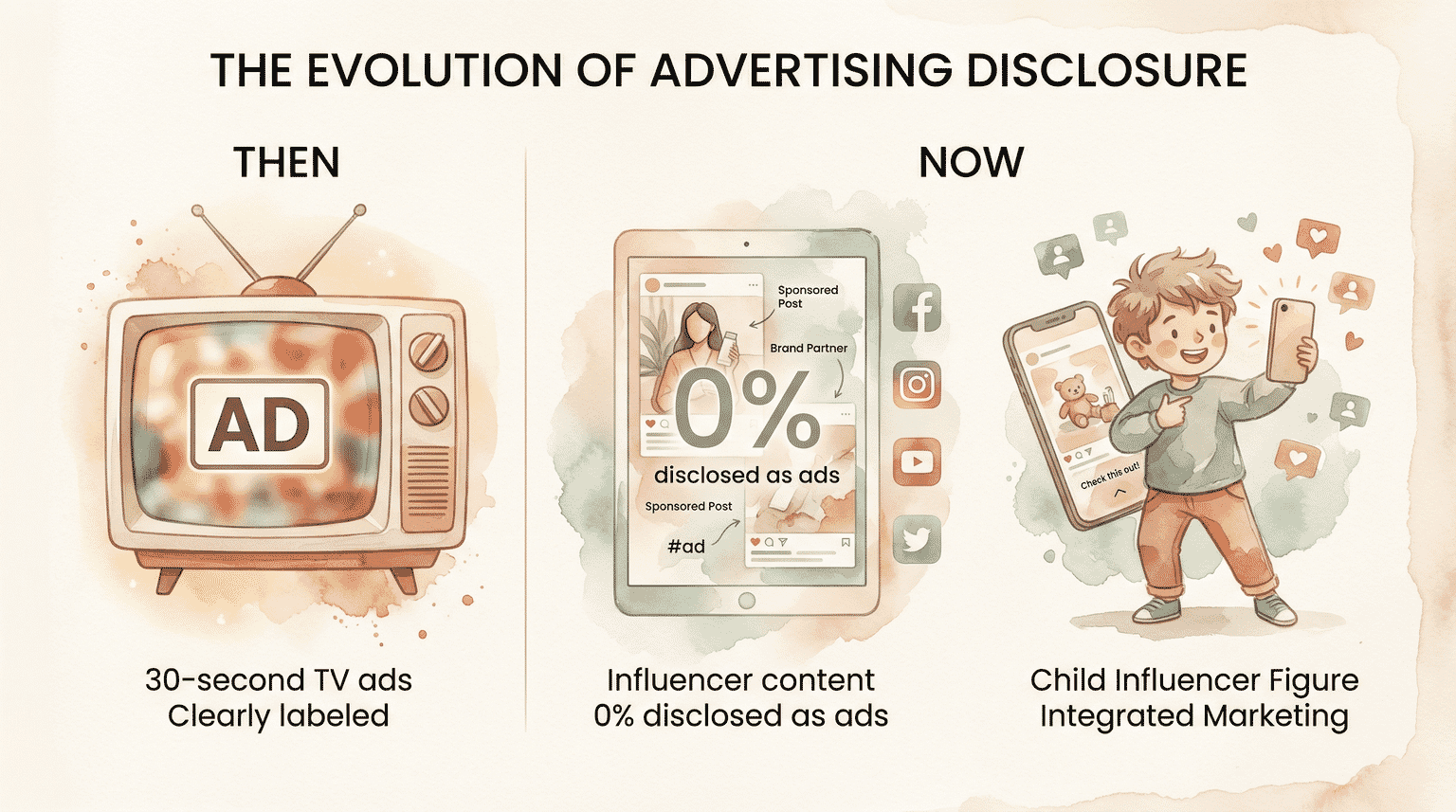Comparison showing TV ads were clearly labeled while influencer content has zero percent disclosure