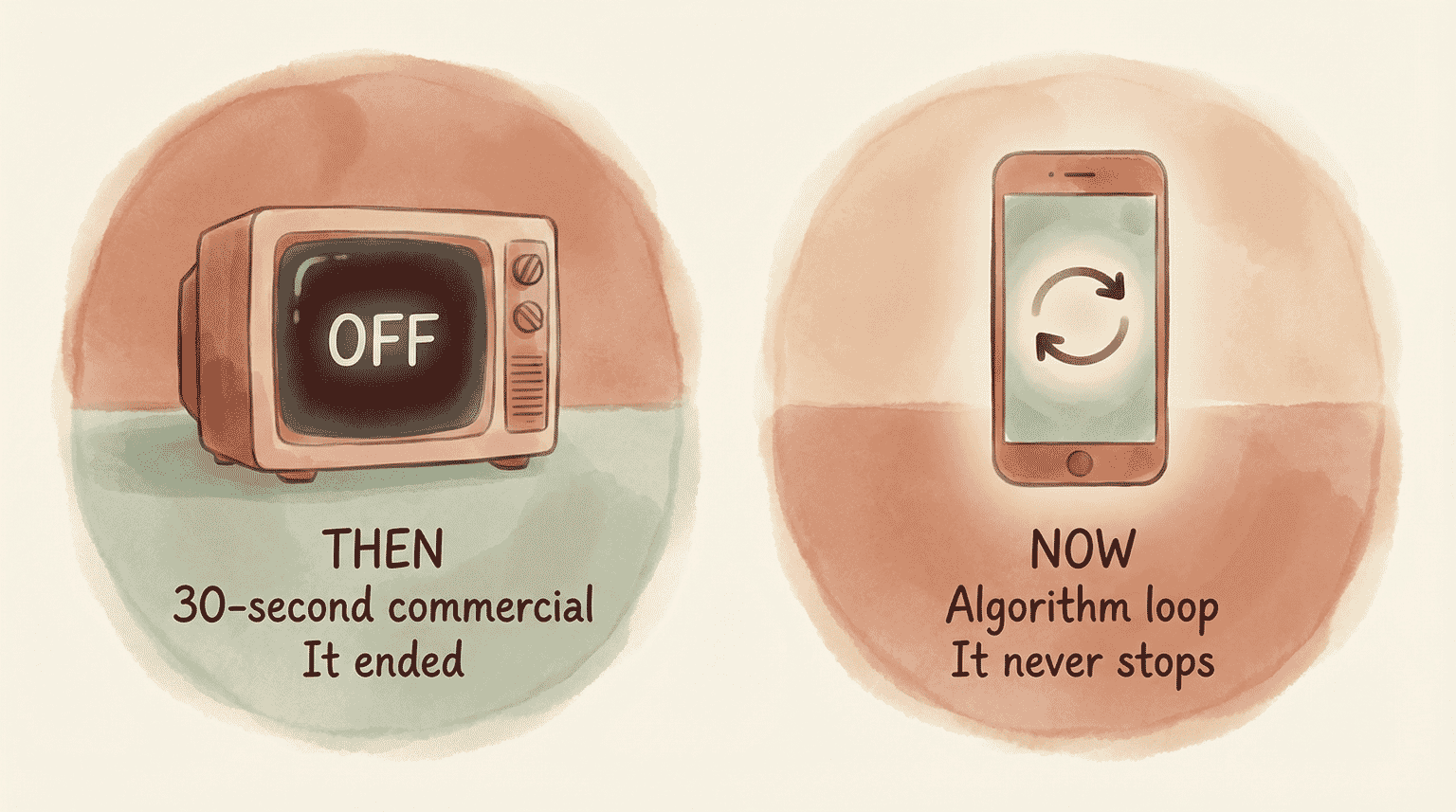 Comparison showing traditional TV commercials that ended versus algorithm loops that never stop