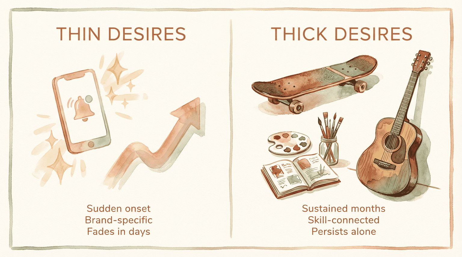 Comparison chart showing thin desires fade quickly versus thick desires that persist and connect to skills