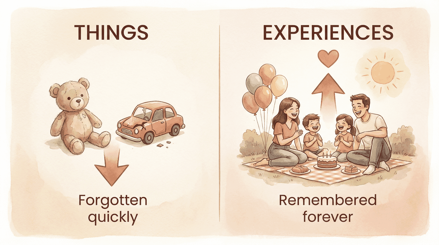 Comparison chart showing experiences are remembered longer than material things